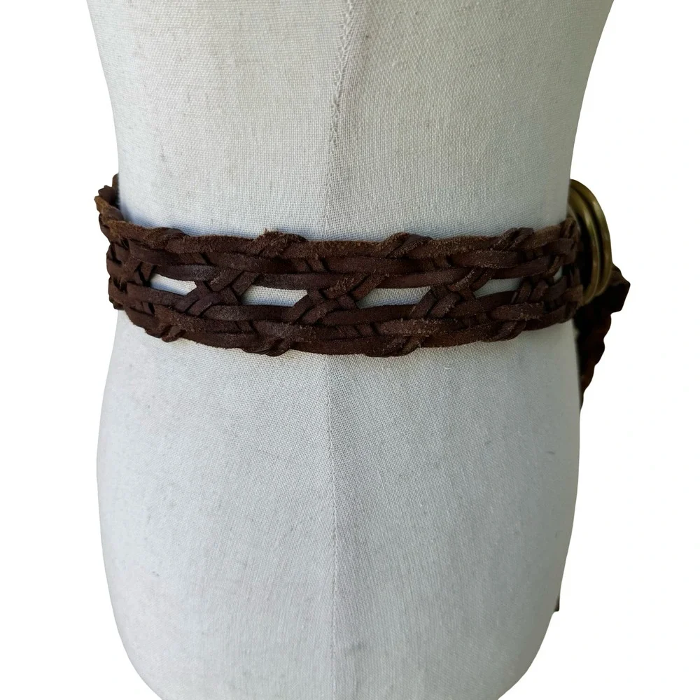 Vintage Wide Braided Leather Belt Double O-Ring Buckle Boho Western Woven Brown
